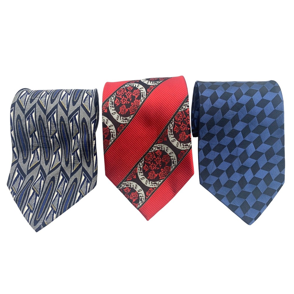 Lot of 3 Bachrach Men's Silk Neckties Red Blue Grey Geometric Striped Italy‎